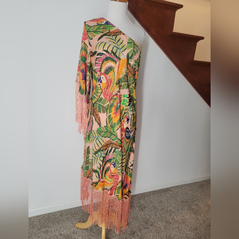 FARM Rio One-Shoulder Tropical Fringe Midi Dress - Green, Pink, Orange, Yellow - Picture 8 of 11